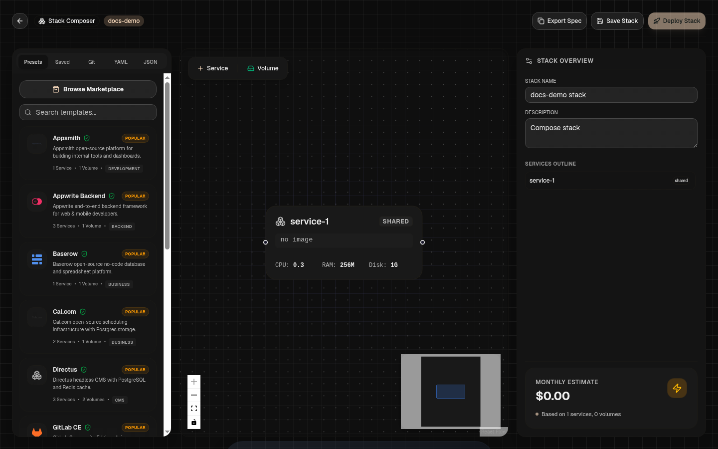 The visual Compose stack builder, showing a marketplace of curated stack presets and a node-based canvas for wiring services