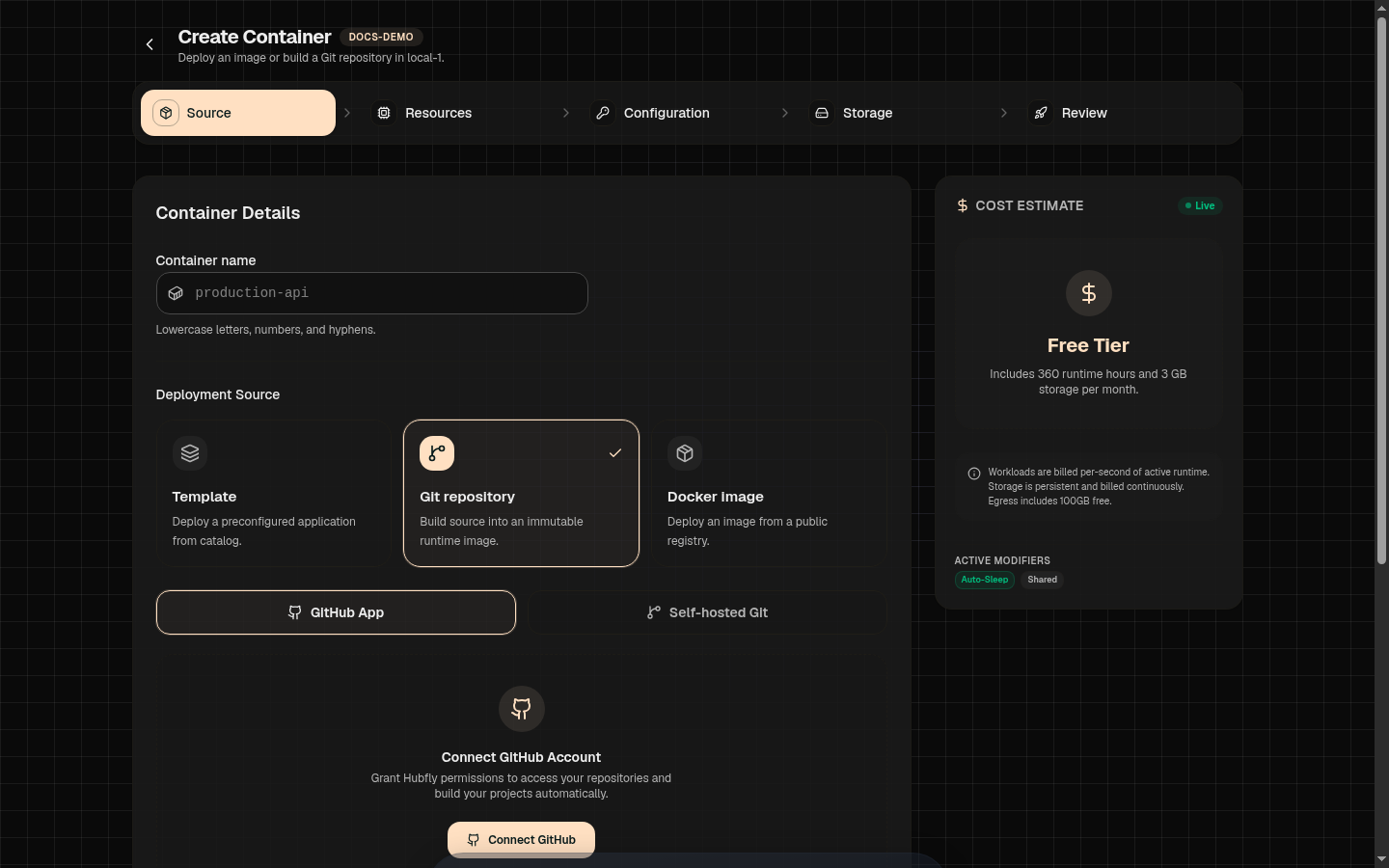The Create Container wizard with Git repository selected, showing GitHub App and self-hosted Git connection options