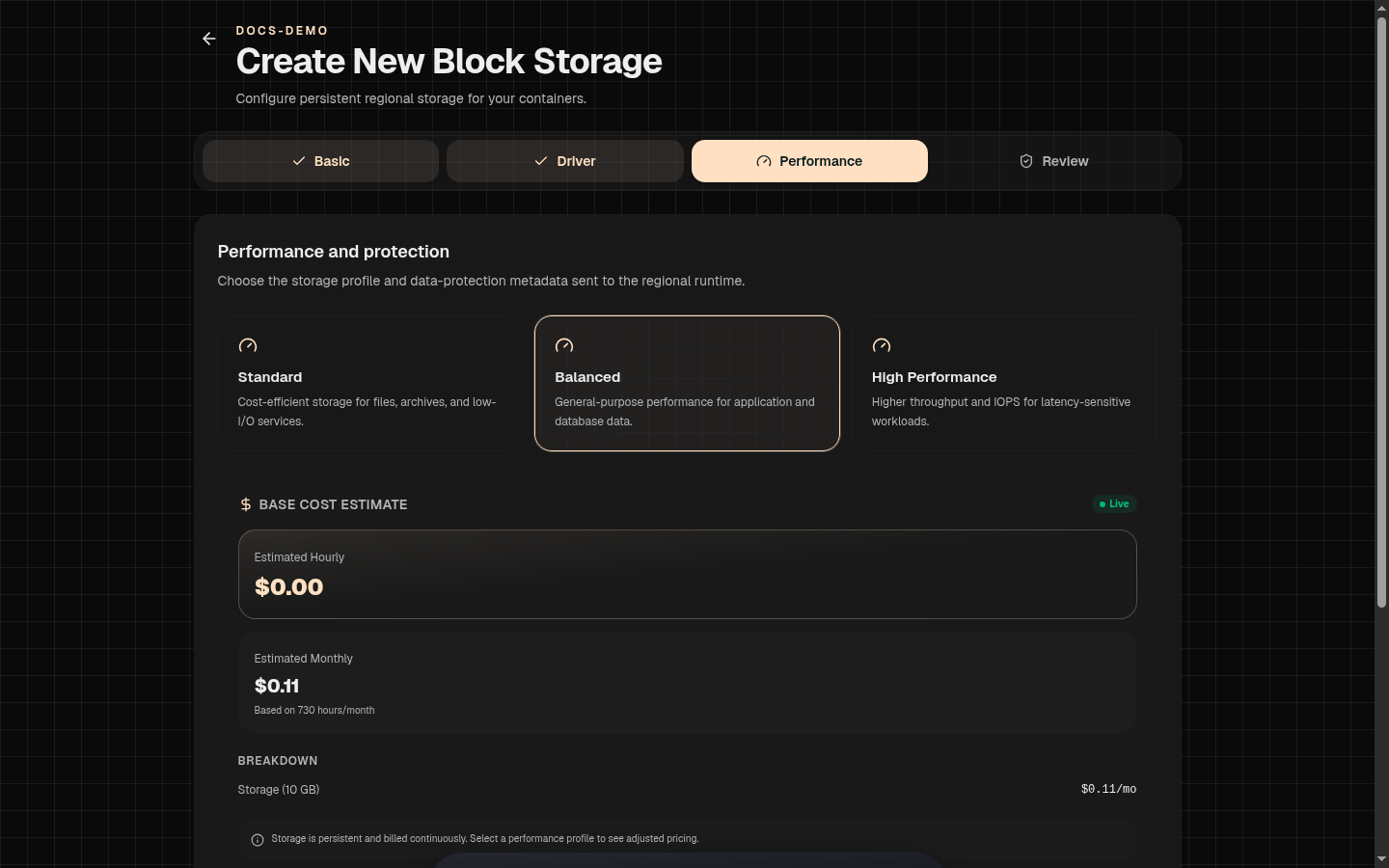 The Performance step of the volume wizard, showing Standard, Balanced, and High Performance storage profile cards with a live cost breakdown